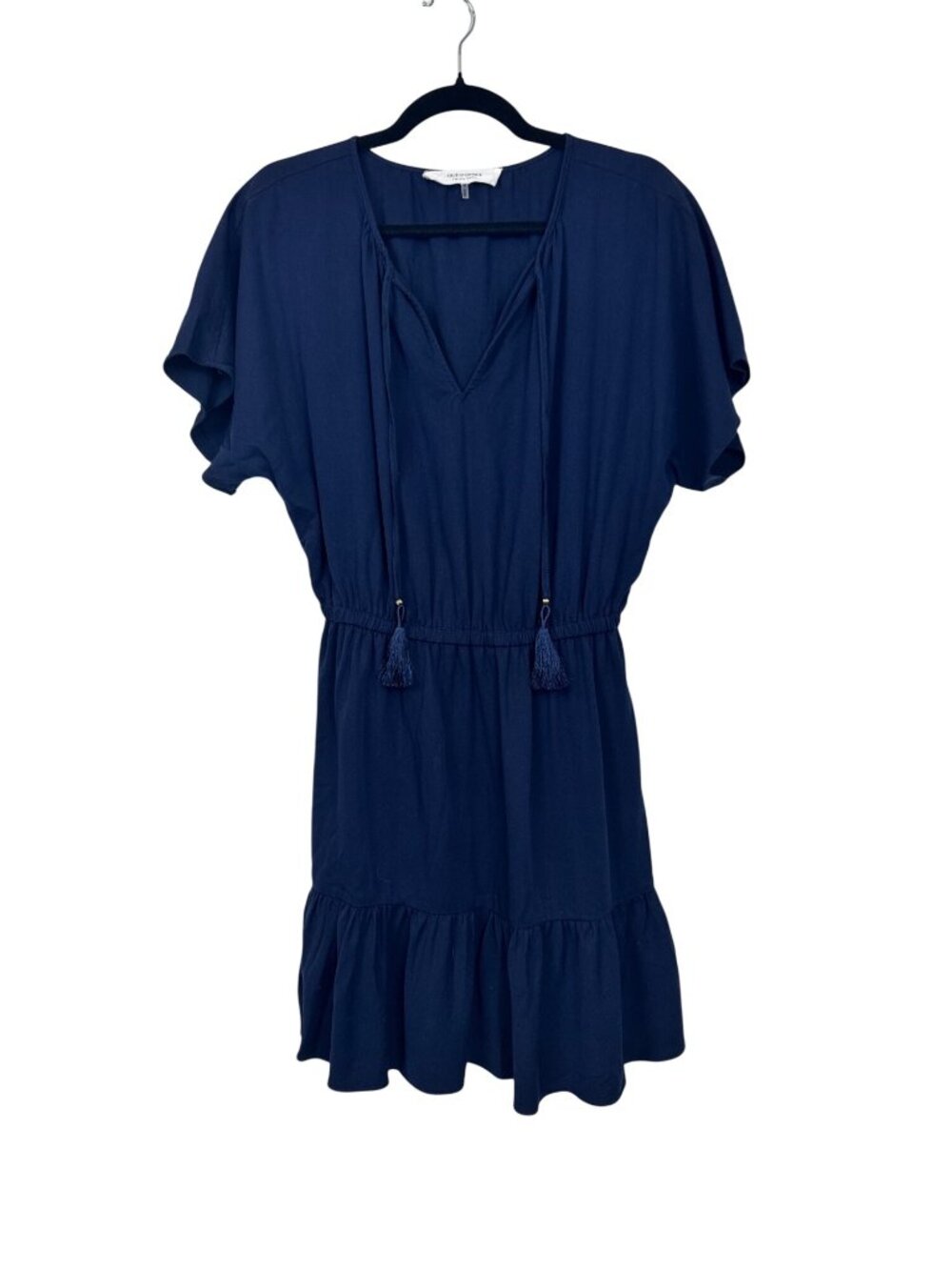 Out Of Office By Trina Turk Navy Blue Tencel Dress Ruffle Hem Tassel Size M